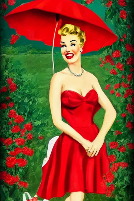 Image similar to a full view portrait of a beautifull woman, wearing a red dress,with a beautifull smile,a garden background.in american style pin up.anatomically correct