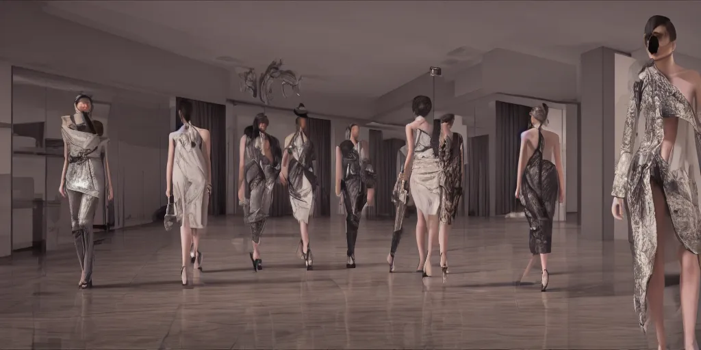 Prompt: Fashion Catwalk in a luxurious apartment interior, concept art, rendering, hyperdetailed, unreal engine 5, 4k