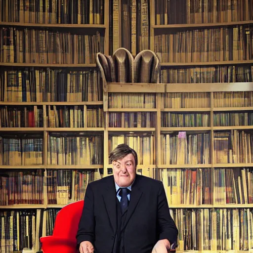Image similar to Stephen Fry judging the world for its stupidity while sitting on a throne of knowledge., digital art 4k