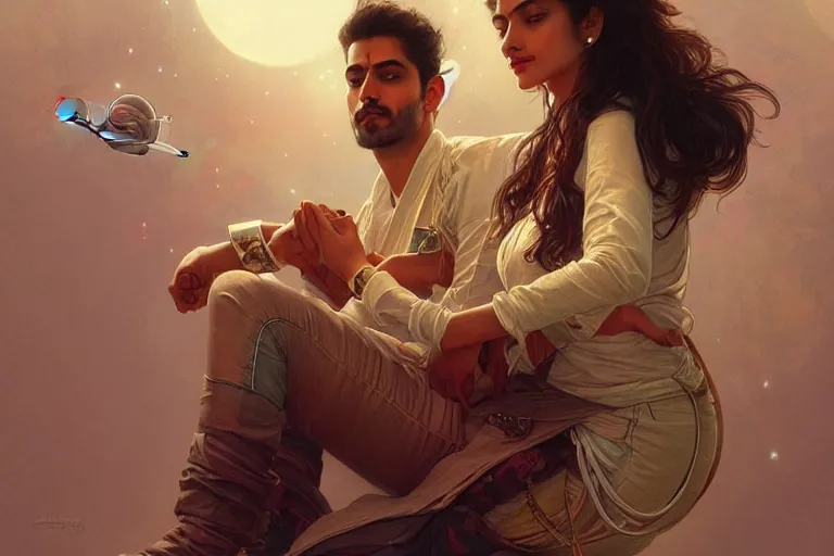 Image similar to Sensual good looking pale young Indian doctors wearing jeans in a space elevator above Earth, portrait, elegant, intricate, digital painting, artstation, concept art, smooth, sharp focus, illustration, art by artgerm and greg rutkowski and alphonse mucha