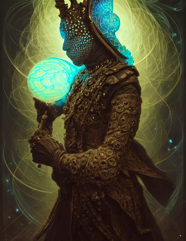 Image similar to front shot of a court jester character, hyperdimensional, bioluminescent hypercubes, dark holography!!!, (((intricate))), elegant, highly detailed, centered, (((artstation, concept art, smooth, sharp focus, artgerm, Tomasz Alen Kopera, Peter Mohrbacher, donato giancola, Joseph Christian Leyendecker, WLOP, Boris Vallejo))), mugshot!!!!!, ugly!!!!!!, octane render, nvidia raytracing demo, octane render, nvidia raytracing demo, octane render, nvidia raytracing demo, grainy, muted, 8K, digitalblasphemy