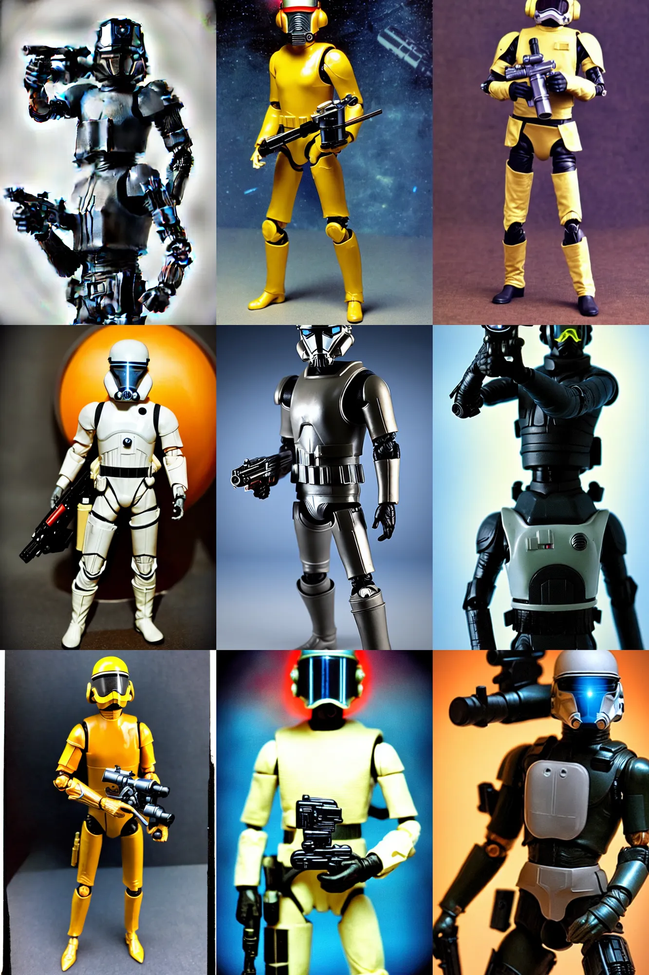 Prompt: beautiful photograph of a full body, vintage, sci - fi, action figure, with helmet and visor, holding a blaster