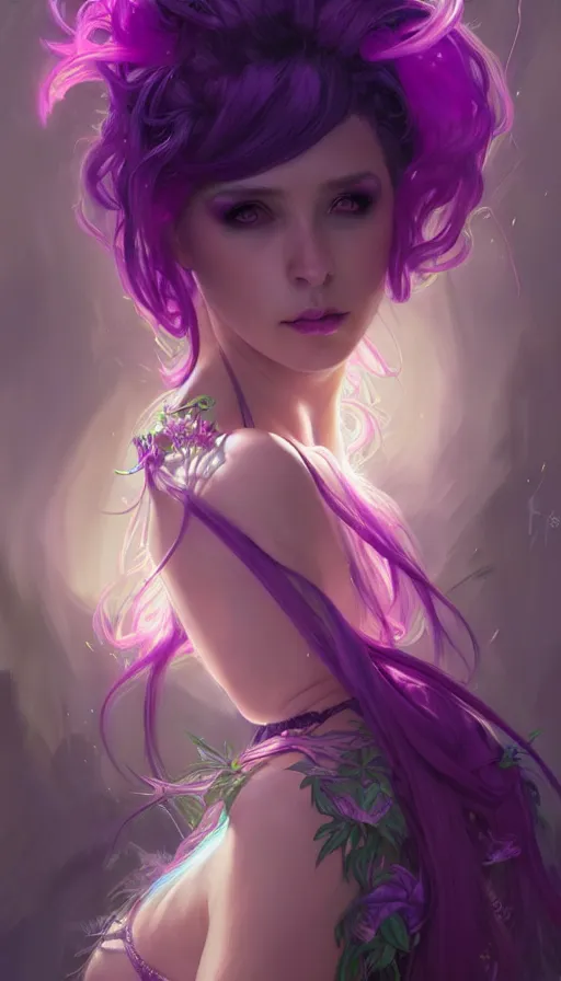 Prompt: stunningly beautiful female neon and purple hair, fantasy art, fae priestess, lush forest landscape, dark light night, goddess sharp focus, digital, painting, 8 k, concept art, art by wlop, artgerm, greg rutkowski and alphonse mucha