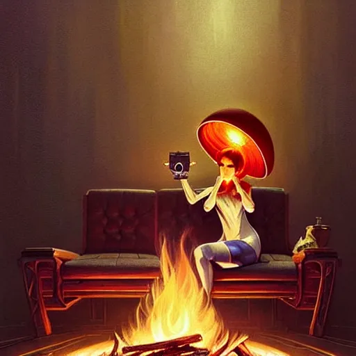 Prompt: mushroom alien sitting in a recliner by the fire smoking a pipe and wearing a soft robe and slippers, symmetrical, elegant intricate digital painting, trending on artstation, by artgerm and greg rutkowski and alphonse mucha