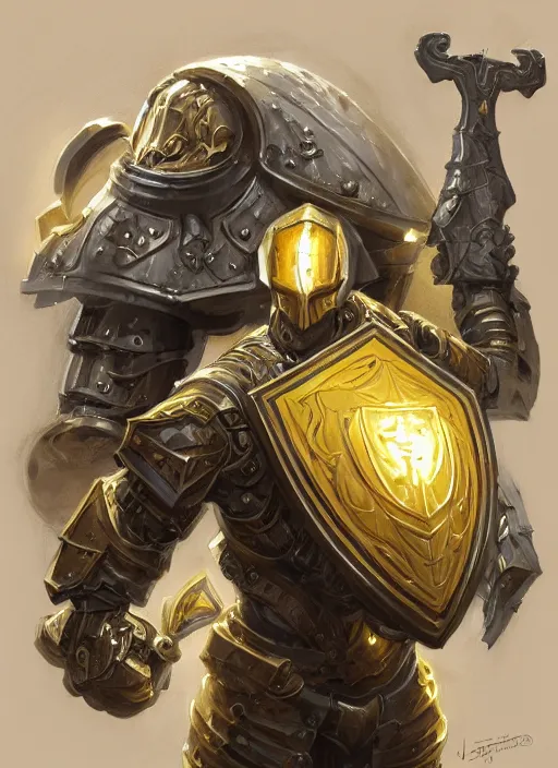 Image similar to dynamic portrait of a intricate mechanical warforged character in yellow armor holding a paladin engraved longsword and carrying a big shield, epic , trending on ArtStation, cinematic lighting, by Jesper Ejsing