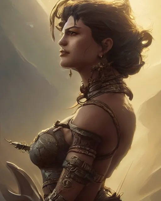 Prompt: A thick beautiful female warrior posing on a boat, well-shaped, beautiful face, close-up, fantasy woman, fantasy art, in the style of greg rutkowski, illustration, epic, fantasy, intricate, hyper detailed, artstation, concept art, smooth, sharp focus, ray tracing, profile shot