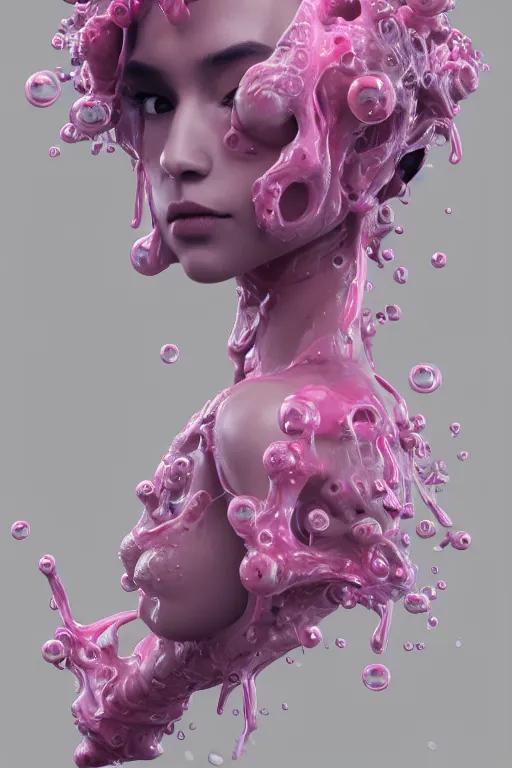 Image similar to epic 3 d abstract model, liquid headdress, 2 0 mm, with pastel pink and cerulean squirming bubbles, melting smoothly into other faces, liquid, delicate, beautiful, intricate, houdini sidefx, trending on artstation, by jeremy mann and ilya kuvshinov, jamie hewlett and ayami kojima