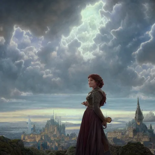 Prompt: a very detailed Magic portrait painting of Emilia Clarke, a very detailed fantasy city background, a very detailed dramatic sky, light particles, environment drawn by Donato Giancola and Tom Bagshaw, Edmund Leighton, character design by Alphonse Mucha, 4k, volumetric lighting, komorebi, award winning, octane render, hyperrealistic