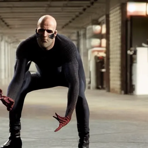 Image similar to jason statham as unmask spiderman, an film still