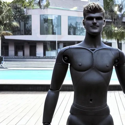 Image similar to a realistic detailed photo of a guy who is an attractive humanoid who is half robot and half humanoid, who is a male android, soccer player timo werner, shiny skin, posing like a statue, blank stare, by the pool, on display, showing off his muscles, humanoid robot, frozen ice statue, made of ice