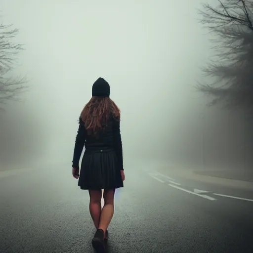 Prompt: girl in a creepy foggy town