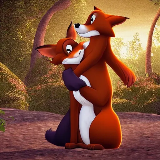 Prompt: “Dinsey’s the fox and the hound hugging eachother, cartoon, unreal engine”