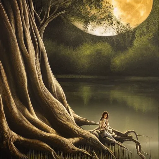 Image similar to a girl sits on the roots of an ancient tree looking at the reflection of the moon in a pond, the moon can be glimpsed through the trees, towering forest veiled by fog, dark fantasy, night time, realistic painting