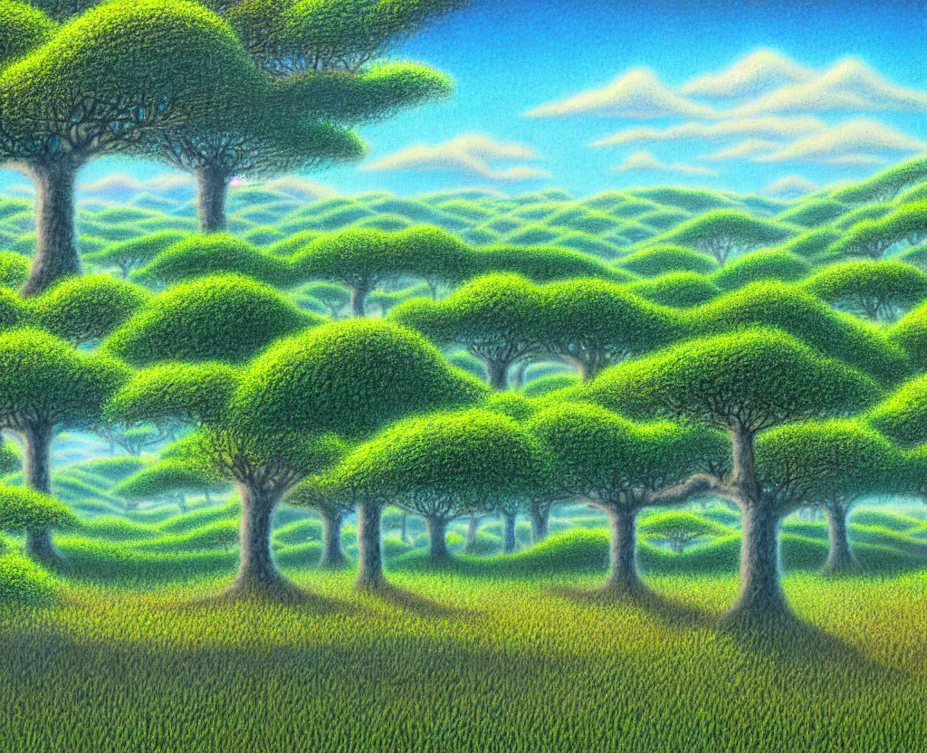 Image similar to a landscape pastel in the style of noriyoshi ohrai and mark tedin of an orchard where all the trees are made of chrome metal. key art. 4 k retrofuturistic fantasy