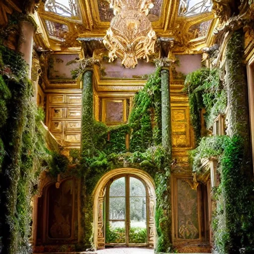 Image similar to a dream about opulent, ornate, abandoned overgrown Palace of Versailles, lush plants growing through the floors and walls, walls are covered with moss and vines, beautiful, dusty, golden volumetric light shines through giant broken windows, golden rays fill the space with warmth, rich with epic details, dreamy atmosphere and drama