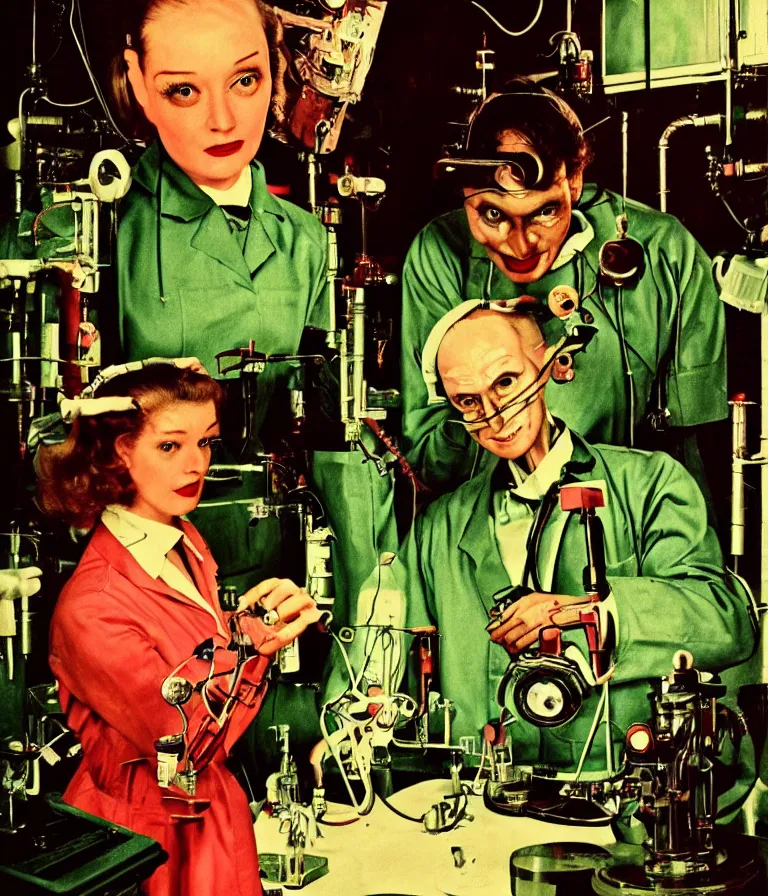 Image similar to a female mad scientist in a lab coat building a humanoid robot man, in a darkly lit laboratory room, 1 9 5 0 s horror movie poster style, ( norman rockwell oil painting ), medium shot, close - up shot, retro science fiction, vintage, saturated pink and green lighting, shadowy lighting, cohesive