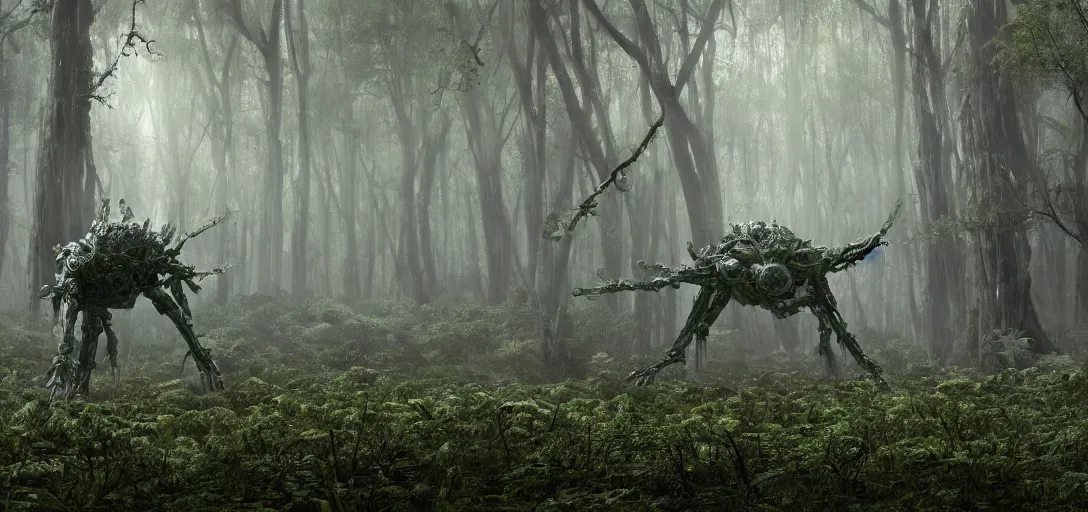 Image similar to a complex organic fractal 3 d metallic symbiotic ceramic humanoid megastructure creature in a swampy lush forest, foggy, sun rays, cinematic shot, photo still from movie by denis villeneuve, wayne barlowe