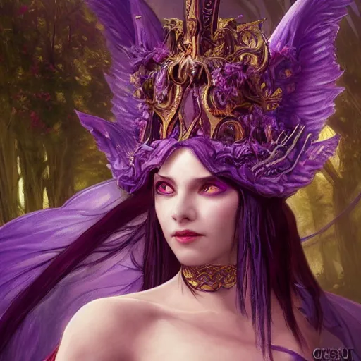 Image similar to an extremely detailed matte painting of a demon queen in a resplendant and beautiful purple dress as a masquerade ball, epic fantasy, viewed in profile from far away, sharp focus, detailed face, art by greg rutkowski and alphonse mucha, volumetric lighting, 4 k resolution, artstation