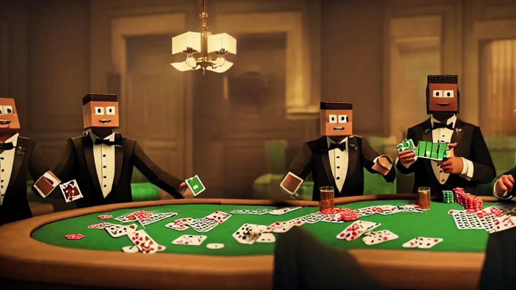 Prompt: hyperrealism simulation highly detailed human turtles'wearing detailed tuxedos and smoking, playing poker in surreal scene from minecraft movie from future by wes anderson and denis villeneuve and mike winkelmann rendered in blender and octane render