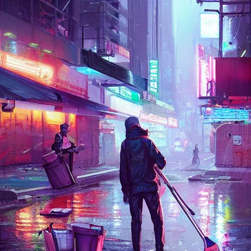 Image similar to man taking out trash near the crowded street of a cyberpunk city, rain, harsh neon lights, highly detailed, digital painting, trending on artstation, concept art, sharp focus, illustration, art by artgerm and greg rutkowski and magali villeneuve