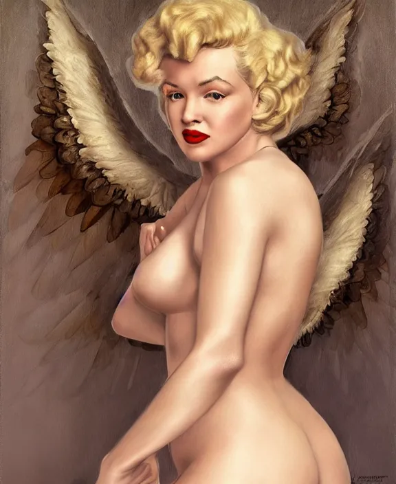 Image similar to a detailed hyperrealistic renaissance angel marilyn monroe wearing an a intricate beautiful thick leather garters set, honey birdette, realistic renaissance portrait, highly detailed, digital painting, artstation, concept art, smooth, sharp focus, cinematic lighting, art by artgerm and wlop and jules joseph lefebvre and john maler collier, ilya kuvshinov