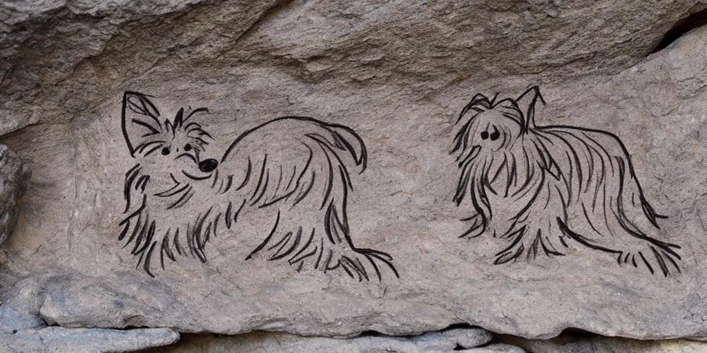 Image similar to A Yorkshire Terrier roughly sketched on the wall of a cave, a petrogliph, stone art by Pueblan peoples, stone art