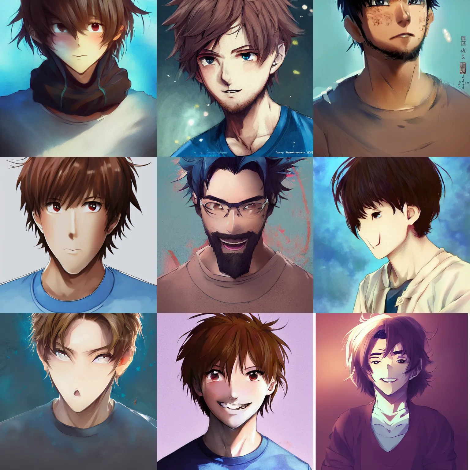 Prompt: A medium shot anime portrait of a happy handsome anime man with extremely short light walnut hair and blue eyes, wearing a t-shirt, short messy clumps of hair on top, solid background, by Stanley Artgerm Lau, WLOP, Rossdraws, James Jean, Andrei Riabovitchev, Marc Simonetti, and Sakimi chan, trending on artstation