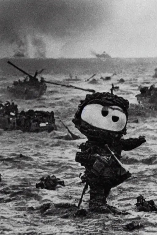 Prompt: an epic scene of elmo on the battlefield on d - day storming the beaches of normandy, wide - angle