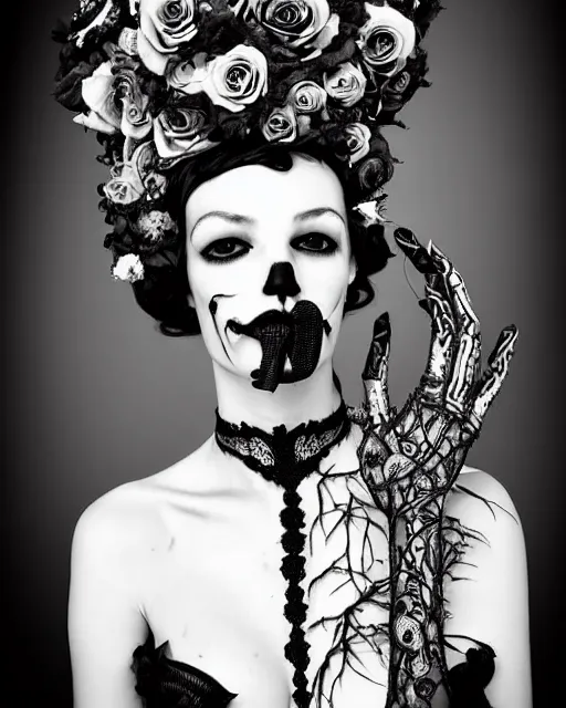 Image similar to dark surreal poetic black and white photo of a beautiful young silver bio-mechanical-female-vegetal-cyborg with a very long neck and a super big gothic lace collar and a very high big floral crown with many black dry roses by Vivienne Westwood:: smoke, high fashion, haute couture, rococo, avant-garde, silver filigree details, anatomical, facial muscles, cable wires, microchip, elegant, dreamy, foggy atmosphere, hyper realistic, 150 mm lens, soft rim light, octane render, unreal engine, picture was taken in 1910 by Man Ray, volumetric lighting, dramatic light,8k,