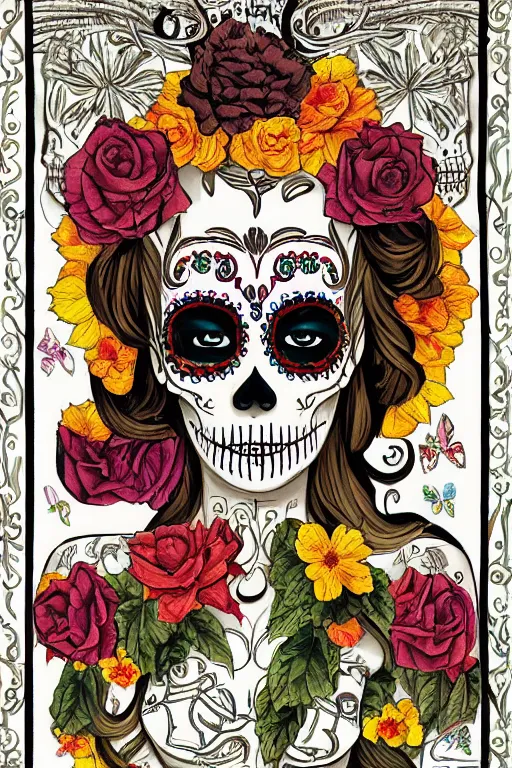 Prompt: Illustration of a sugar skull day of the dead girl, art by Asher Brown Durand