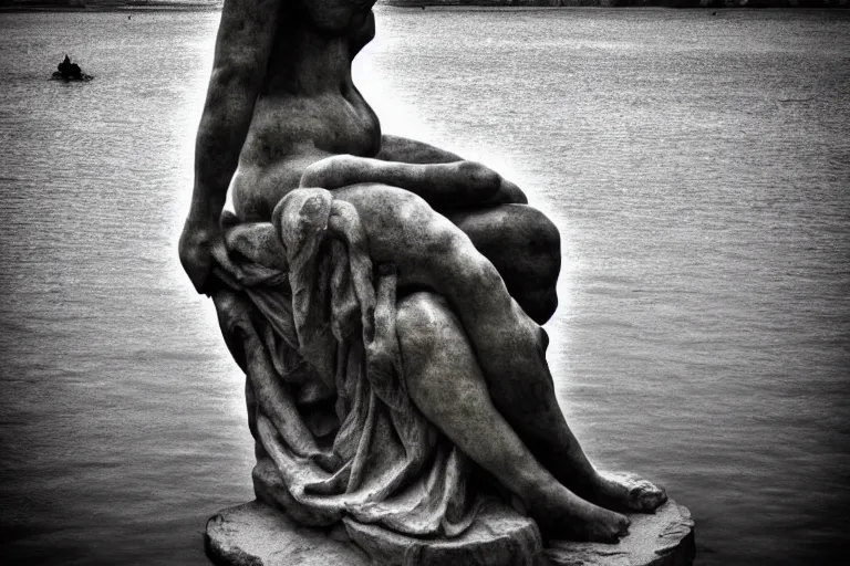 Image similar to masterpiece giant statue of a beautiful! antic goddess with long hair, scuplted by MichelAngelo, partly sunken! in the lake!, mist, lomography photo effect, monochrome, noise grain film, cl, large view