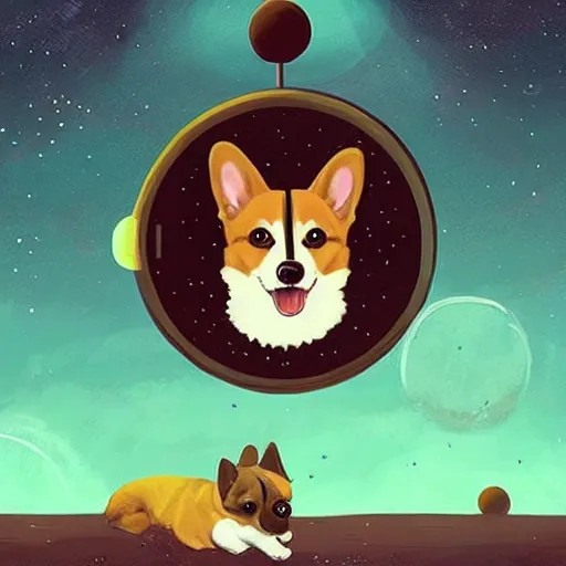 Prompt: adorable corgi puppy in space, starry background, beautiful digital painting by simon stalenhag, magical, intense, cool