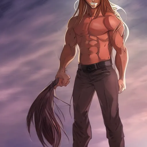 Image similar to well built man, rusty long hair, anime, high details,