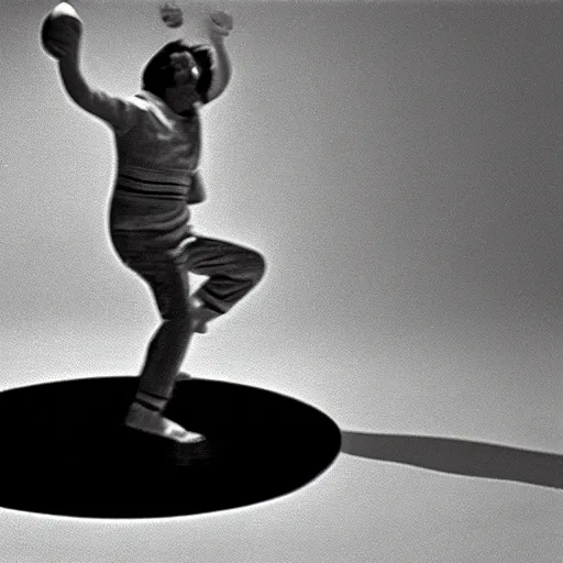 Prompt: Clown juggling on a floating disk, 1970 CGI image test footage