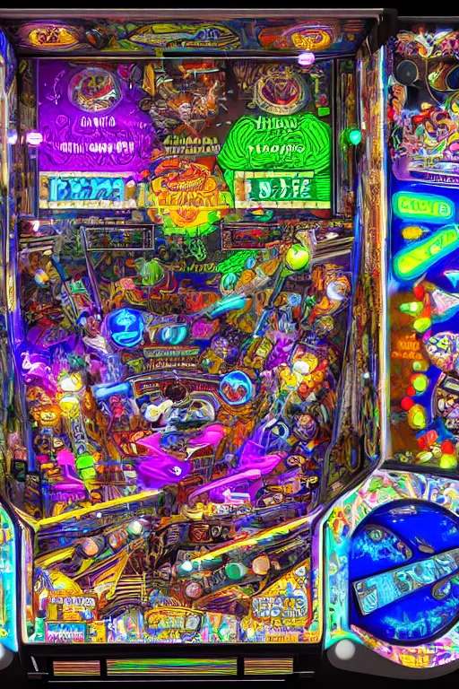 Prompt: a detailed pinball table layout overhead view, game art, realistic digital art, fluorescent colors, halluzinogenic, multicolored, exaggerated detailed, unreal engine