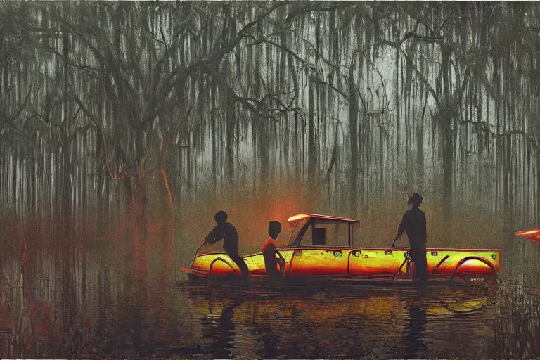 Image similar to scene from louisiana swamps, airboat, neon satanic pentagram, boy scout troop, voodoo artwork by tim eitel