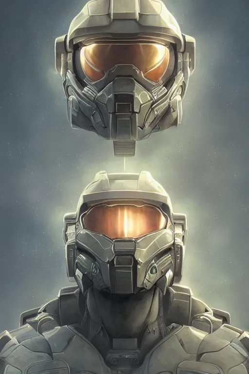 Image similar to portrait of master chief with a halo behind her, catholic religious art, sacred, halo, strong, imposing, biomechanical, biblical, by moebius and greg rutkowski and artgerm, octane render, trending on artstation