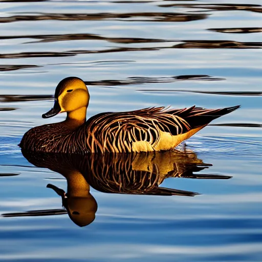 Prompt: beautiful digital painting of a duck with tiger colored feathers. It spreads its wings majestically as it takes off from a placid river in the south of france. Golden hour, perfect contrast, awe inspiring.