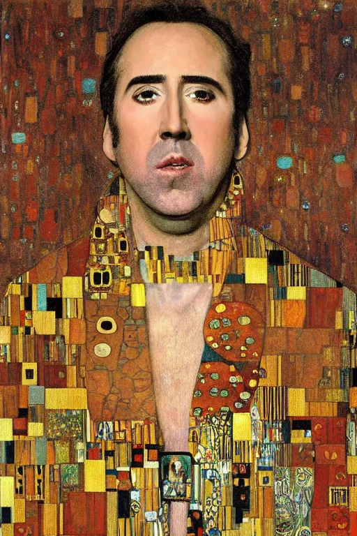 Image similar to Portrait of Nicolas Cage, beautiful art, painted by gustav klimt