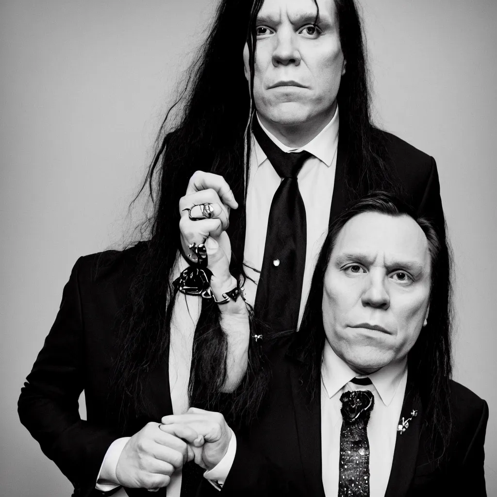 Image similar to francois legault, suit and tie, business outfit, black metal make - up, album cover, band name, dark forest, studded choker, long black hair