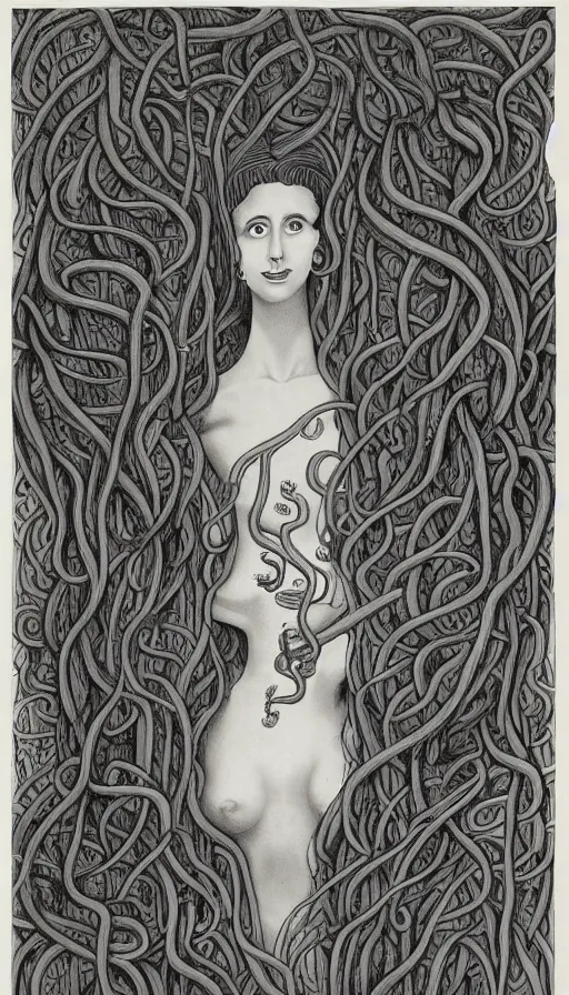 Prompt: very detailed portrait of a 2 0 years old girl surrounded by tentacles, the youg woman visage is blooming from fractal and vines, by charles addams