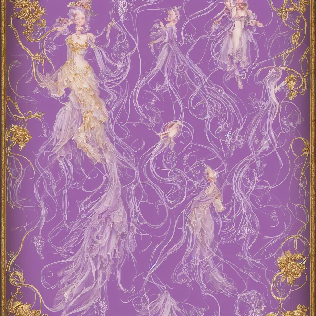 Image similar to purple dress design in the style of rococo ,Victorian era，jellyfish element,Gold roselace,dreamy, soft ,Backlight ,luminescence，Aetherpunk,highly detailed,8k