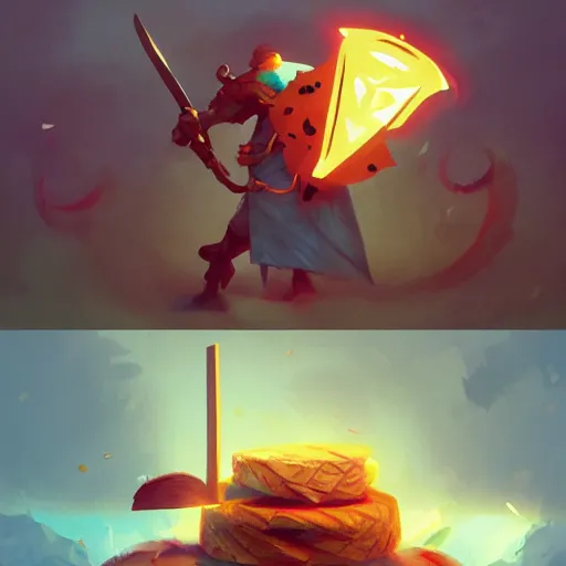 Prompt: battle toast, a slice of toasted bread with a face, arms and legs, holding a sword and shield, volumetric lighting, dynamic composition, fantasy, hyper detailed, ultra realistic, sharp focus, octane render, concept art by sachin teng and sergey kolesov and ruan jia and heng z