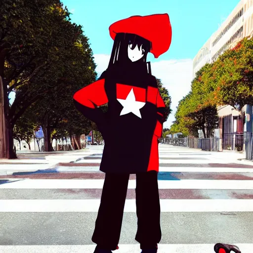 Image similar to 1 5 - year - old french anime girl, black beret with red star, black t - shirt with red star, black shorts, rollerblading, rollerskates, cel - shading, 2 0 0 1 anime, flcl, jet set radio future, golden hour, japanese town, cel - shaded, strong shadows, vivid hues, y 2 k aesthetic