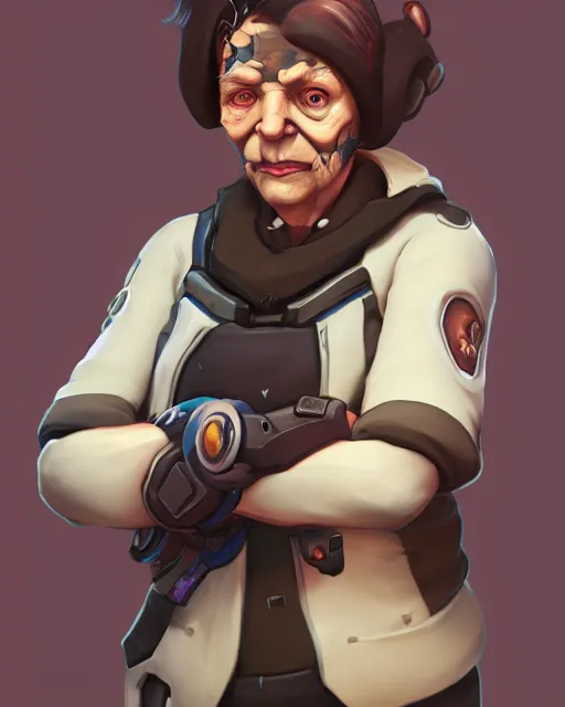 Prompt: overwatch concept art character portrait of a new character who is an elderly pale woman with a scarred face, trending on artstation, cgsociety,