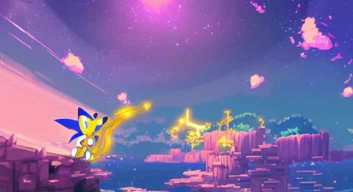 Image similar to Beauiful background level of a 2D Sonic game, Sonic: -1, video game art, pixel art, concept art, starry sky, dreamy and romantic, detailed, trending on artstation