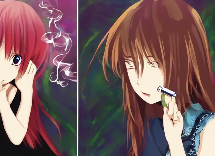 Image similar to Two young anime girls. One is smoking a fat joint, the other is drinking wine from a bottle. Hypnotic background