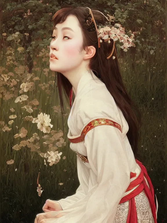 Image similar to portrait of a beautiful seductive european girl wearing hanfu, farm background, fantasy, d & d, dark eyeliner, intricate, elegant, highly detailed, digital painting, artstation, concept art, matte, sharp focus, illustration, art by greg rutkowski and alphonse mucha