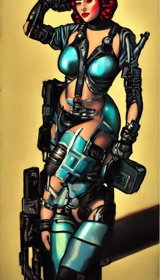 Image similar to cyberpunk woman in the style of a 1 9 4 0 s oil painted pin - up