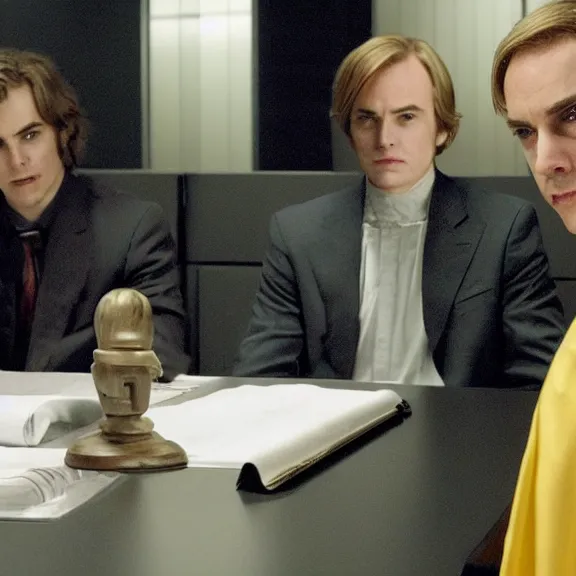 Image similar to anakin skywalker played by hayden christensen wearing jedi robes is talking to lawyers saul goodman played by bob odenkirk wearing a suit and kik wexler played by rhea seehorn in court, better call saul court scene 1 0 8 0 p, jimmy mcgill in court, court session images, realistic faces